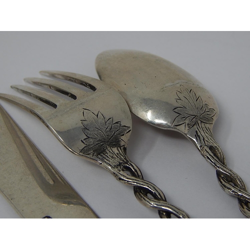 39G - Antique Chinese Silver Three Piece Christening Set Comprising Knife, Fork & Spoon: Chinese Figural T... 