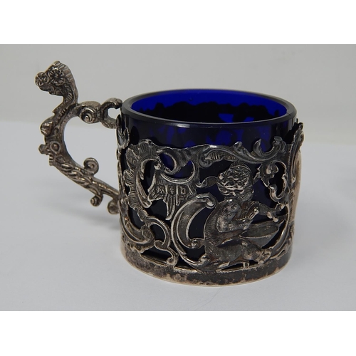 39H - Victorian Silver Cherub Holder with Blue Glass Liner Hallmarked London 1899 by William Comyns togeth... 