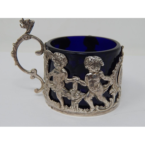 39H - Victorian Silver Cherub Holder with Blue Glass Liner Hallmarked London 1899 by William Comyns togeth... 