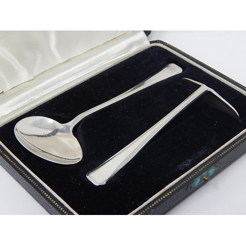 39I - Silver Christening Set Comprising Spoon & Pusher: Hallmarked Birmingham 1940 by AP & Co in Fitted Ca... 