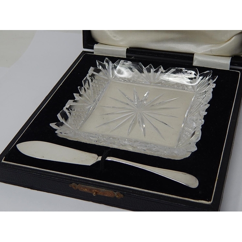 39J - Cased Cut Glass Butter Dish with Silver Butter Knife Hallmarked Birmingham 1926 in Original Fitted C... 