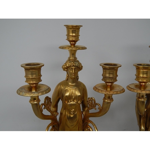 39K - Impressive Pair of Large Empire Style Gilded Three Branch Figural Candelabra on Marble Bases: Measur... 