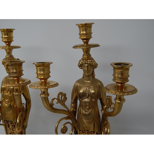 39K - Impressive Pair of Large Empire Style Gilded Three Branch Figural Candelabra on Marble Bases: Measur... 