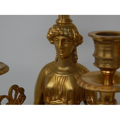 39K - Impressive Pair of Large Empire Style Gilded Three Branch Figural Candelabra on Marble Bases: Measur... 