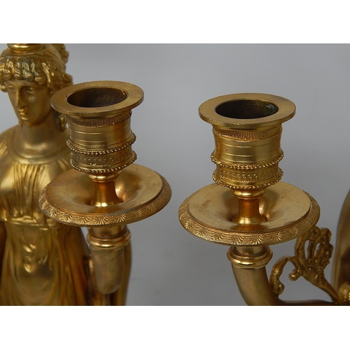 39K - Impressive Pair of Large Empire Style Gilded Three Branch Figural Candelabra on Marble Bases: Measur... 