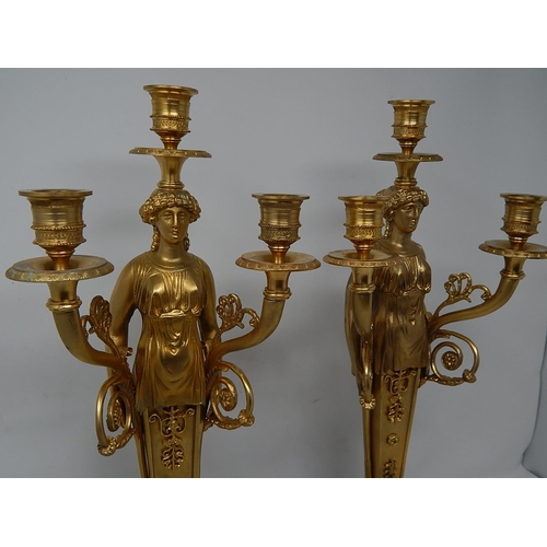 39K - Impressive Pair of Large Empire Style Gilded Three Branch Figural Candelabra on Marble Bases: Measur... 