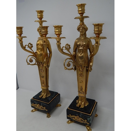 39K - Impressive Pair of Large Empire Style Gilded Three Branch Figural Candelabra on Marble Bases: Measur... 