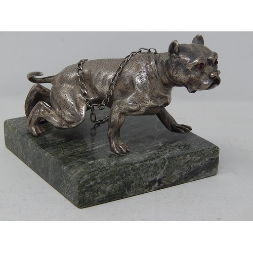 60A - Cast White Metal Sculpture of a Chinese Temple Dog with Glass Eyes on Marble Base.