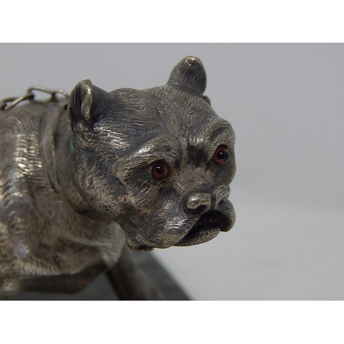 60A - Cast White Metal Sculpture of a Chinese Temple Dog with Glass Eyes on Marble Base.