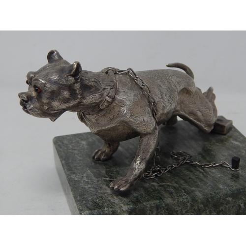 60A - Cast White Metal Sculpture of a Chinese Temple Dog with Glass Eyes on Marble Base.