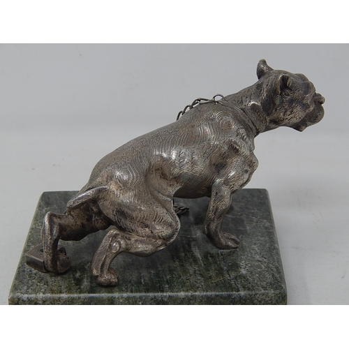 60A - Cast White Metal Sculpture of a Chinese Temple Dog with Glass Eyes on Marble Base.