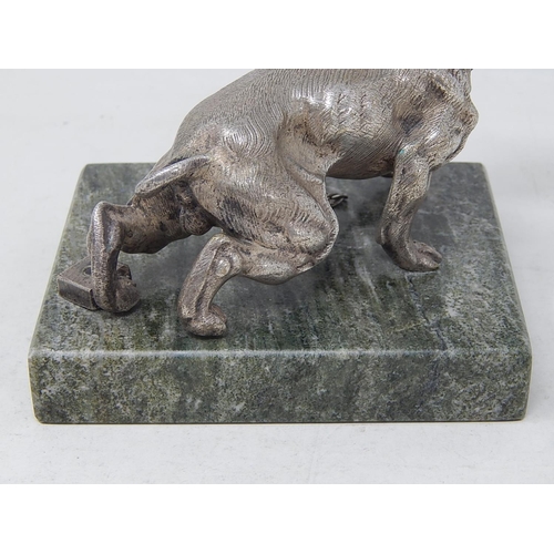 60A - Cast White Metal Sculpture of a Chinese Temple Dog with Glass Eyes on Marble Base.