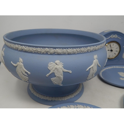 419 - Wedgewood Jasperware clock; vase; 3 trinket boxes; large bowl; 5 plates; small plaque