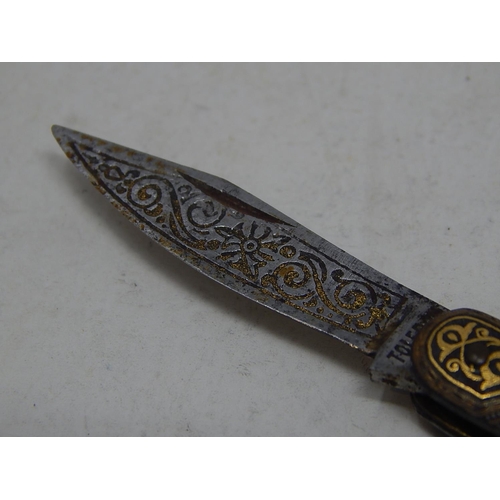 549 - Antique Toledo Folding Knife With Yellow Metal Inlay: Measures 8.5cm open / 5cm closed