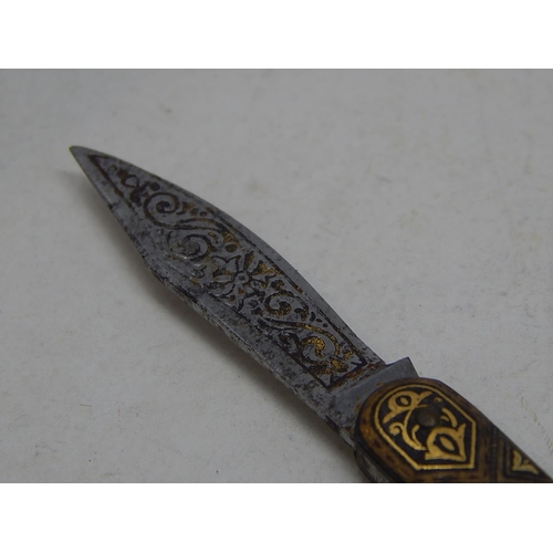 549 - Antique Toledo Folding Knife With Yellow Metal Inlay: Measures 8.5cm open / 5cm closed