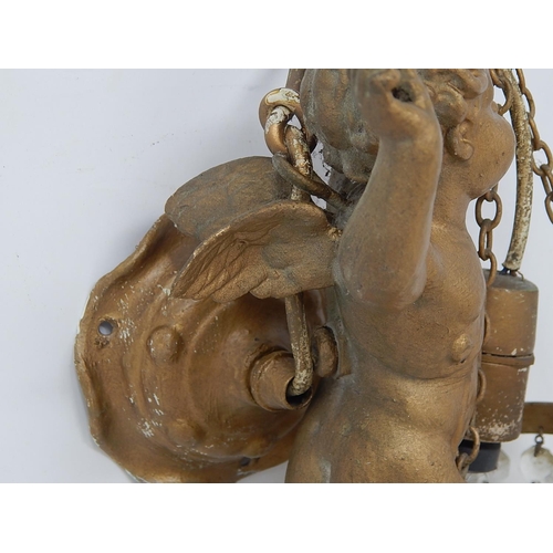 550 - Early C20th Light Fitting with Ceiling Rose Formed as a Cherub Holding Aloft The Light with Faceted ... 