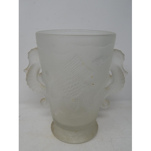 557 - Moulded Frosted Glass Vase Depicting Fish with Seahorse Handles: Measures 18.5cm high