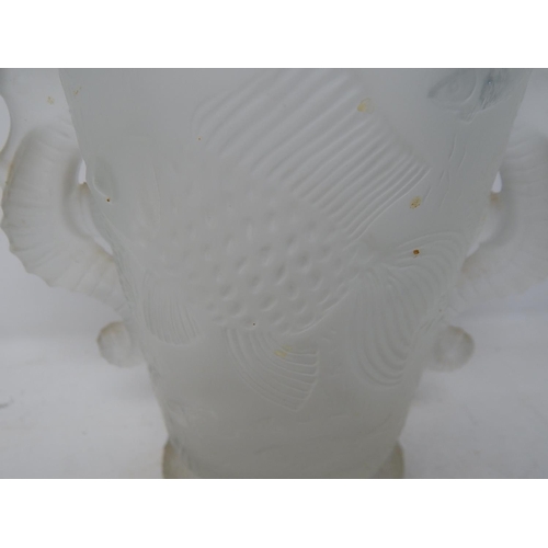 557 - Moulded Frosted Glass Vase Depicting Fish with Seahorse Handles: Measures 18.5cm high