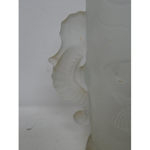 557 - Moulded Frosted Glass Vase Depicting Fish with Seahorse Handles: Measures 18.5cm high