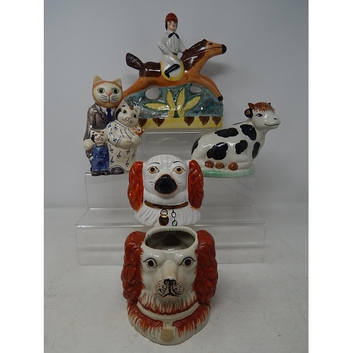 571 - Group of Ceramics Including a Staffordshire Dogs Head Money Box, Double Headed Brush Pot etc.