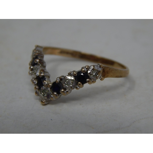 39P - 9ct Gold Wishbone Ring Set with Diamonds & Sapphires: Ring Size N: Gross weight 2g