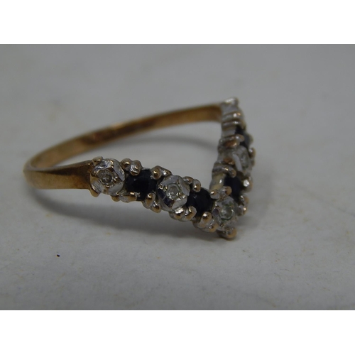 39P - 9ct Gold Wishbone Ring Set with Diamonds & Sapphires: Ring Size N: Gross weight 2g