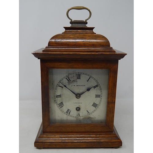 39Q - J.W Benson: Wooden Cased Mantel Clock: Measuring 26cm high: A/F