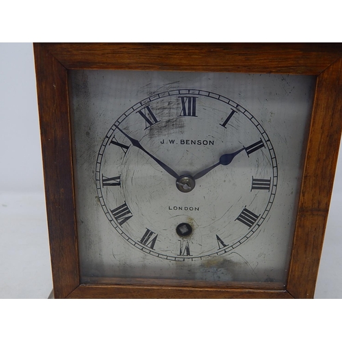 39Q - J.W Benson: Wooden Cased Mantel Clock: Measuring 26cm high: A/F