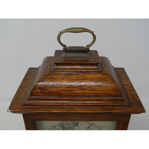 39Q - J.W Benson: Wooden Cased Mantel Clock: Measuring 26cm high: A/F