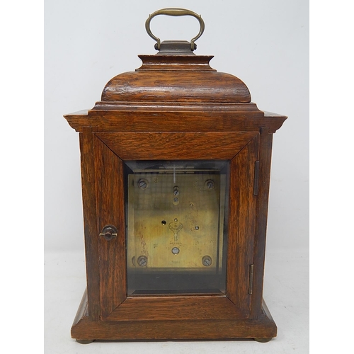 39Q - J.W Benson: Wooden Cased Mantel Clock: Measuring 26cm high: A/F