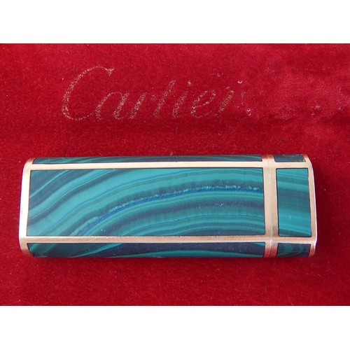 363 - CARTIER: 18ct Yellow Gold Malachite Lighter in Red Cartier Pouch: Gross weight 86.9g