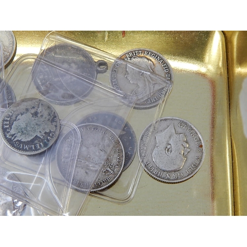 20 - Vintage OXO tin containing: William III Silver Sixpence; 3 x Victorian Silver Groats; Victoria Sixpe... 