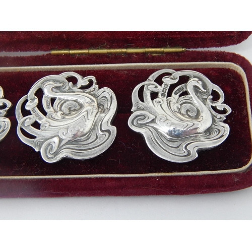 32 - Set of 6 Large Edwardian Cast Silver Buttons Formed As Swans: Hallmarked Birmingham 1902 by A.J Zimm... 