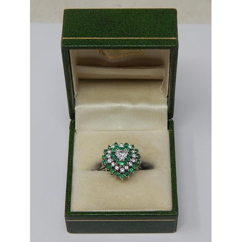 35 - 18ct White Gold Heart Shaped Ring Set with a Central Heart Shaped Diamond within a Diamond & Emerald... 