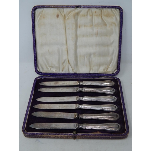 69 - Set of 6 Silver Bladed & Silver Handled Knives in Fitted Case: Hallmarked Sheffield 1919 by William ... 