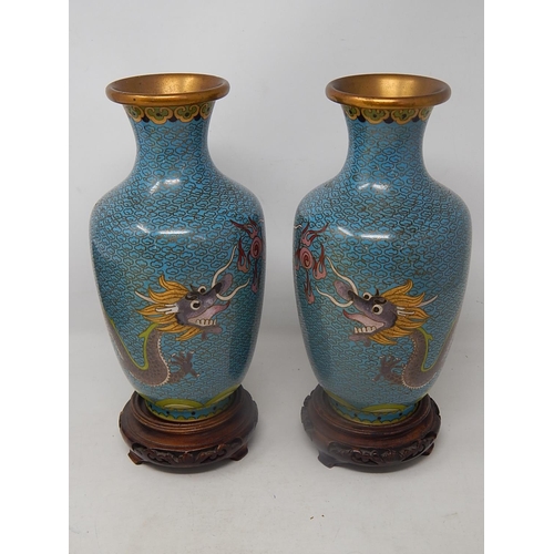 501 - Pair of Chinese Cloisonne Vases on Wooden Stands: Measuring 25cm High.