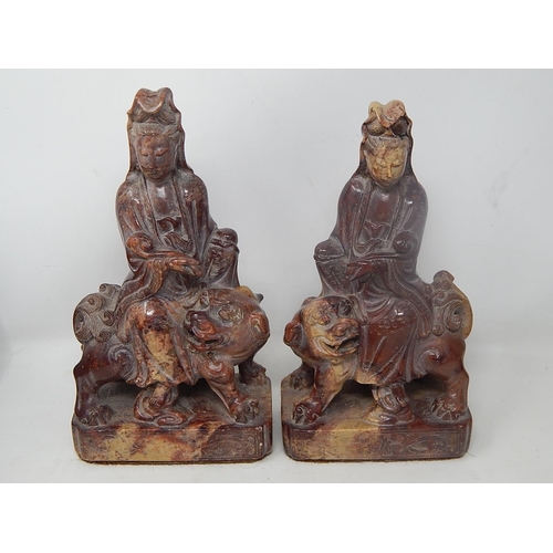 502 - Pair of Oriental Soapstone Figures on Temple Dogs: Height 22cm