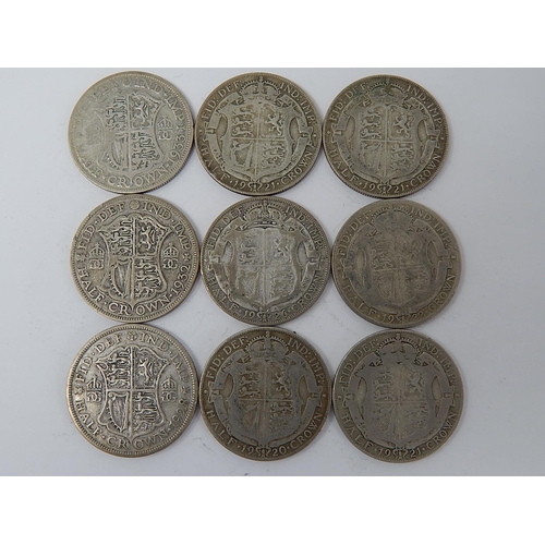 915 - George V Silver Half Crowns: Various Dates (9)