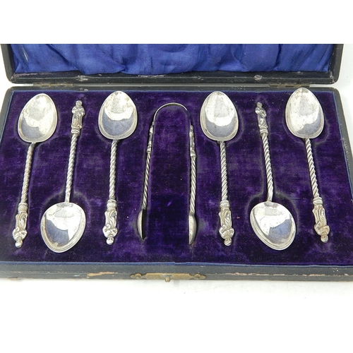 79 - Victorian Set of 6 Apostle Spoons & Matching Sugar Tongs Hallmarked Birmingham 1900 in Fitted Case