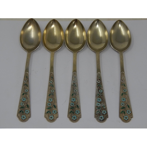 80 - Set of Russian 87 Standard Silver & Fine Enamel Floral Decorated Teaspoons with Gilded Bowls. Weight... 