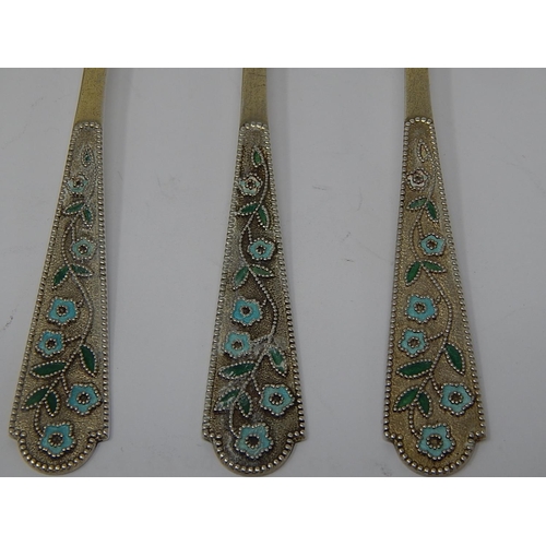 80 - Set of Russian 87 Standard Silver & Fine Enamel Floral Decorated Teaspoons with Gilded Bowls. Weight... 