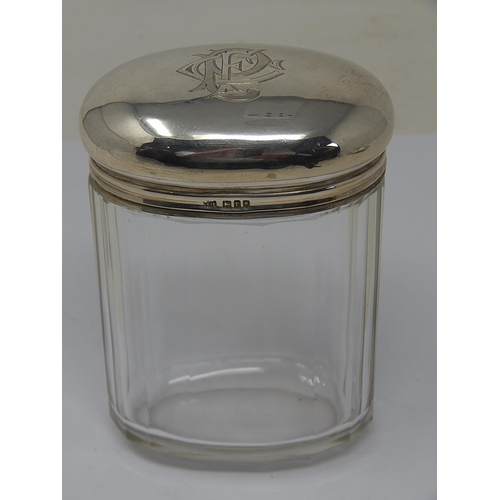 83 - Silver Lidded Faceted Glass Oval Dressing Table Jar: Hallmarked London 1912 by William Gibson