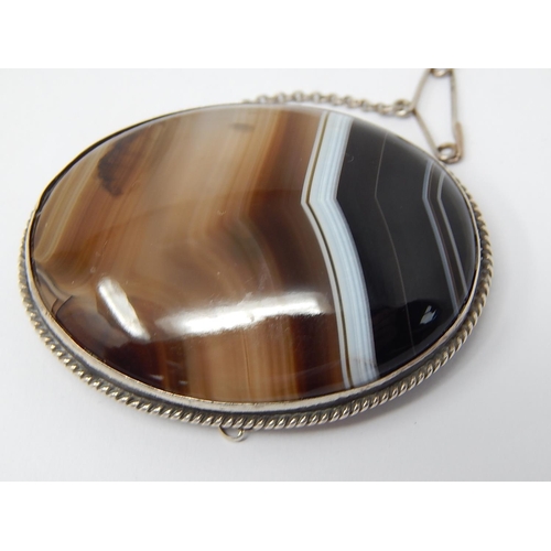 97 - Victorian Banded Agate Brooch Mounted in Silver with Safety Chain