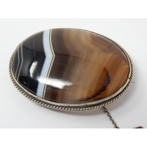 97 - Victorian Banded Agate Brooch Mounted in Silver with Safety Chain