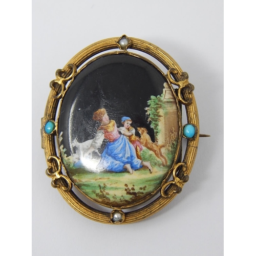 100 - Yellow Metal Locket Brooch with Alpine Figures & Animal Scene on Porcelain - Set Turquoise & Seed Pe... 