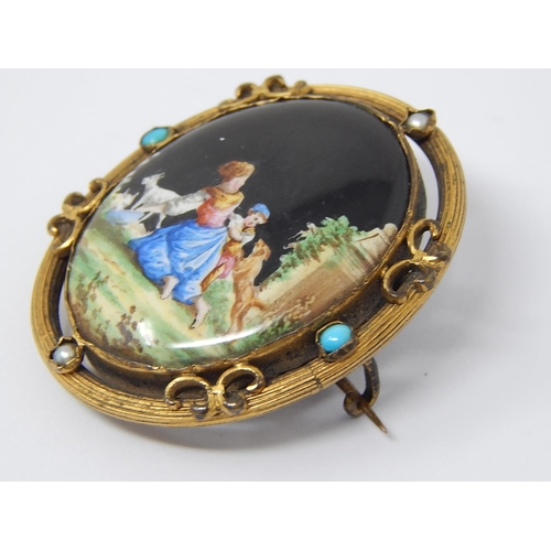 100 - Yellow Metal Locket Brooch with Alpine Figures & Animal Scene on Porcelain - Set Turquoise & Seed Pe... 