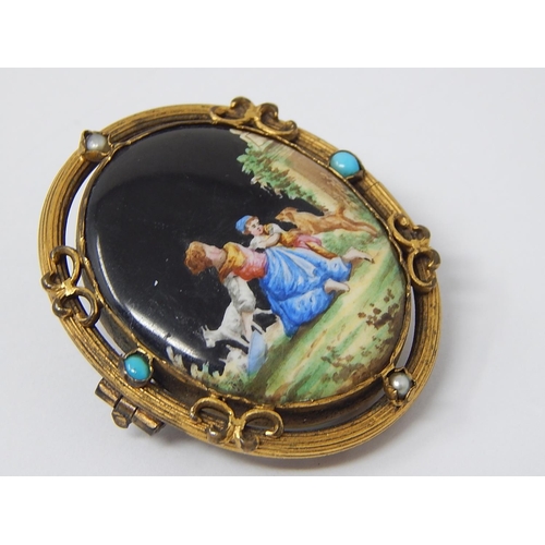 100 - Yellow Metal Locket Brooch with Alpine Figures & Animal Scene on Porcelain - Set Turquoise & Seed Pe... 