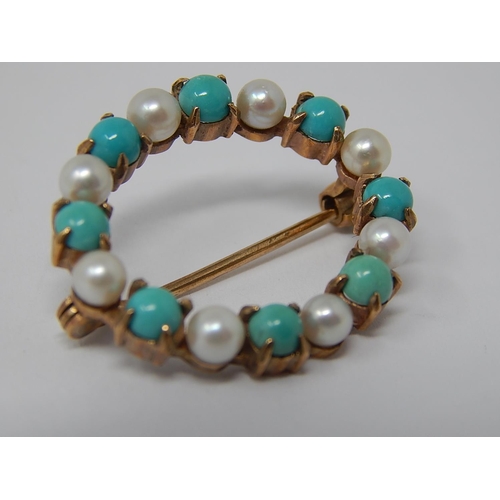 102 - Victorian Turquoise & Pearl 9ct Gold Circular Brooch.