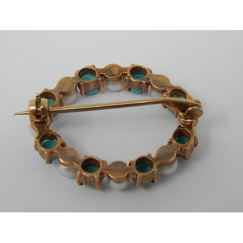 102 - Victorian Turquoise & Pearl 9ct Gold Circular Brooch.