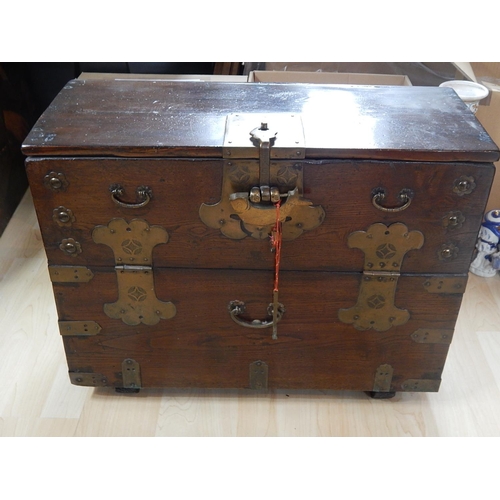 509 - C19th Chinese Wooden Chest with Brass Mounts & Handles: Retaining Its Original Lock & Key: Measures ... 